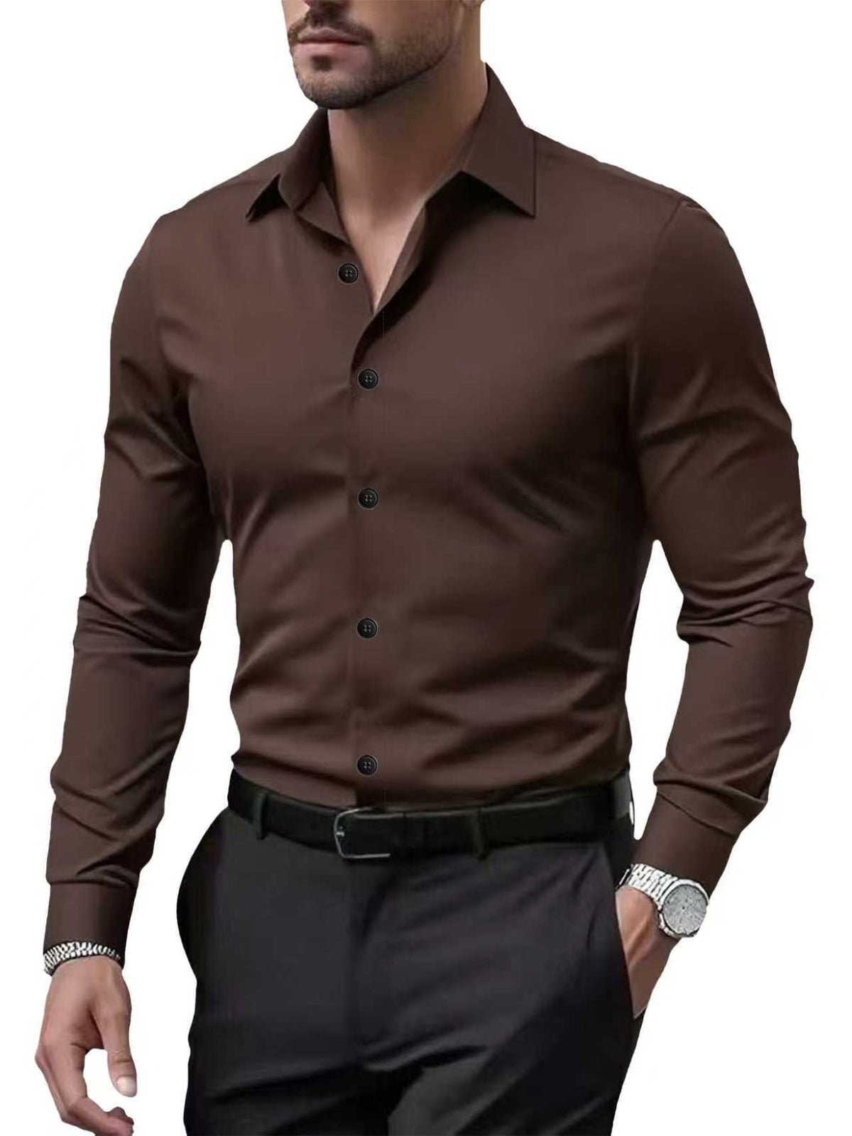 Men's long-sleeved solid-color shirt