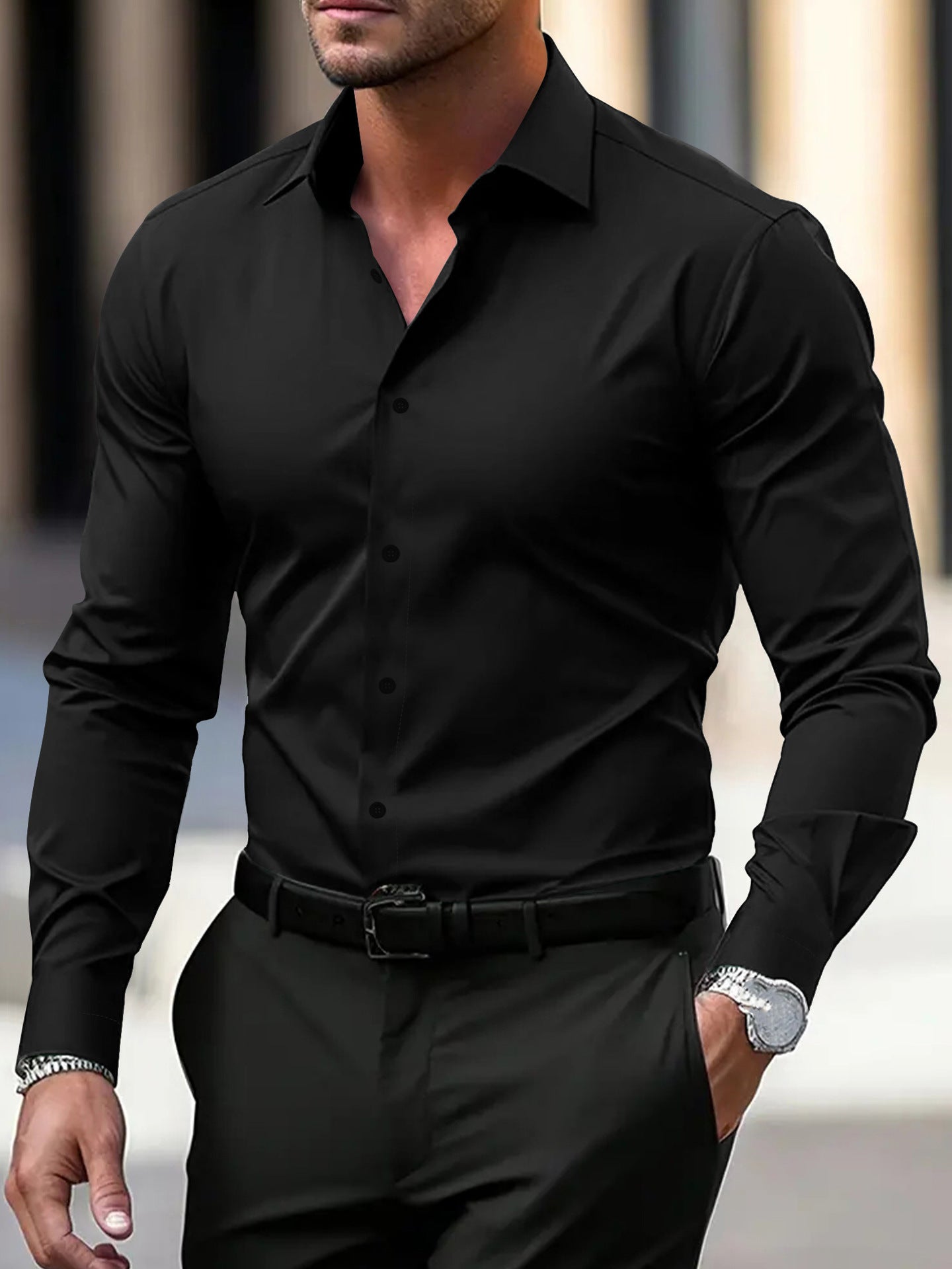 Men's long-sleeved solid-color shirt