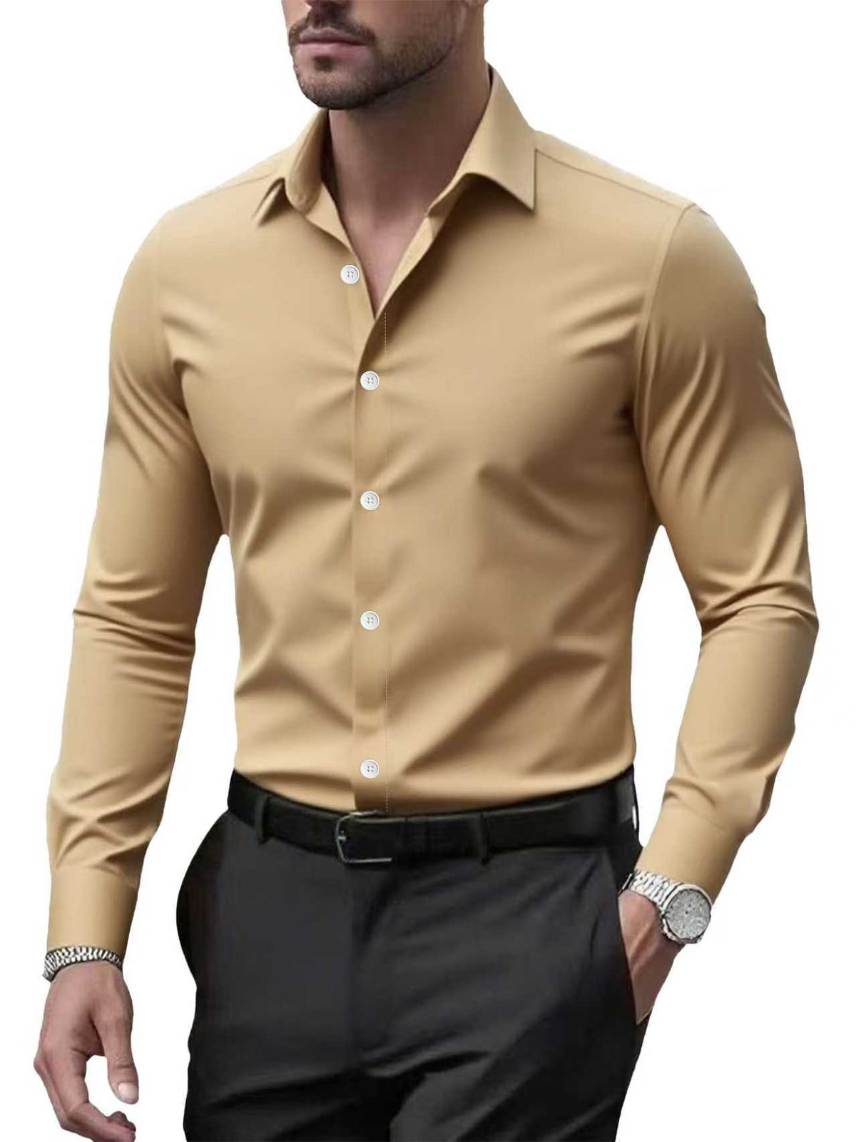 Men's long-sleeved solid-color shirt