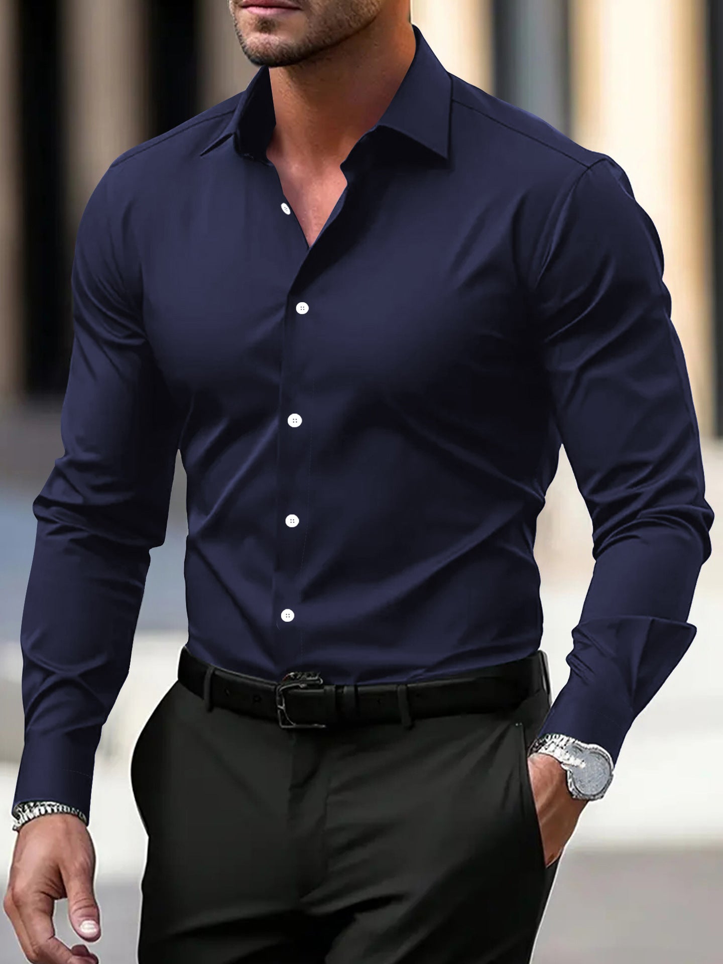 Men's long-sleeved solid-color shirt