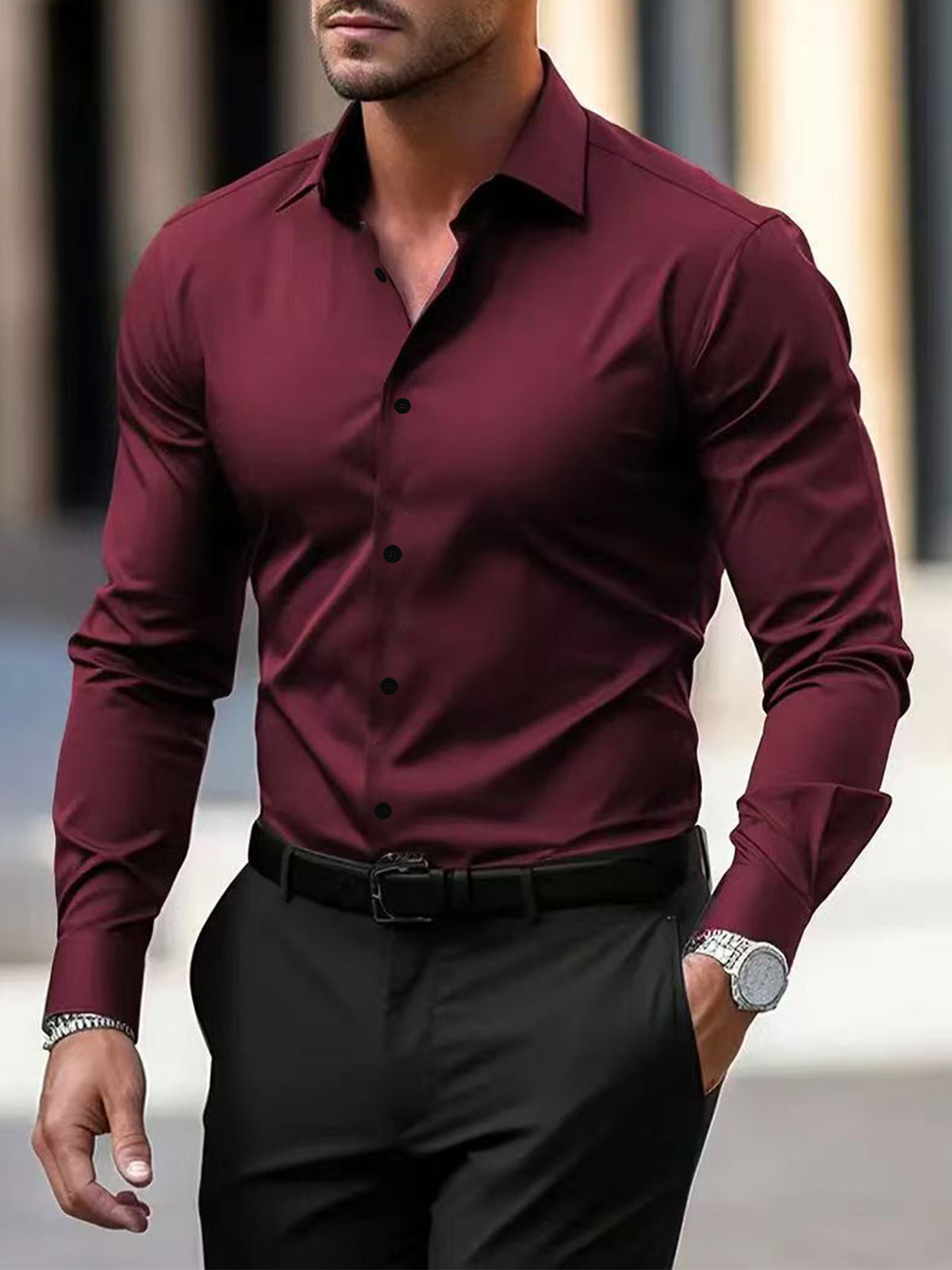 Men's long-sleeved solid-color shirt